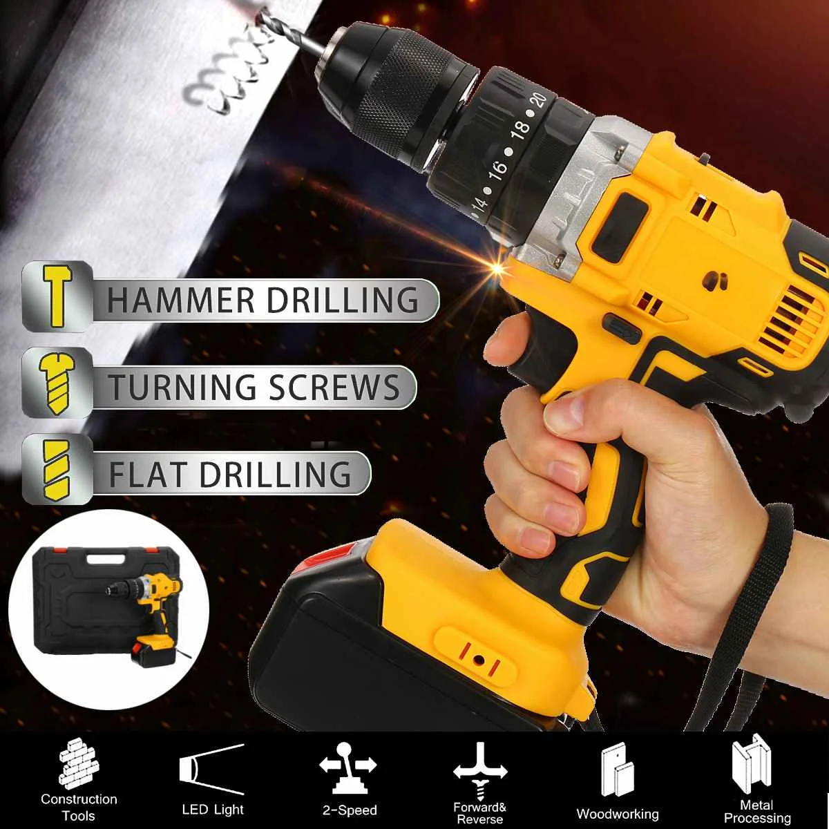 100-240V AC Cordless 150Nm Torque Impact Drill Screwdriver Wrench 2 Speeds Adjustment LED Lighting with Large Capacity Battery