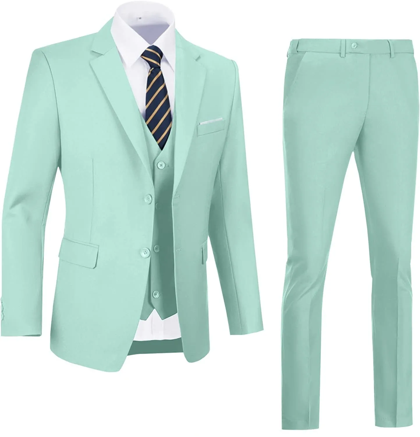 Lansboter Light Green Men\'s Suit 3 Pieces Slim Fit Two Button Business Wedding Dress Tux Suit Set Jacket Vest With Pants