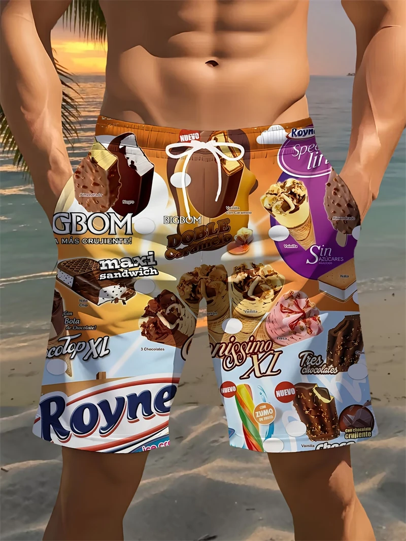 Ice Cream Graphic Beach Shorts Men Hot Sale Summer Popsicle Pattern Swimming Trunks Cool Street Oversized Short Pants Quick Dry