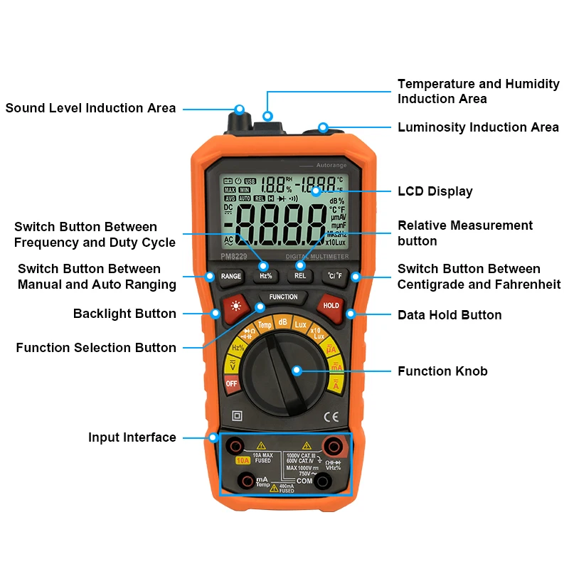 QHTITEC Multimeter PM8229 Multimetro Tester Digital Multimeter 6000 Counts Auto Ranging AC/DC Voltage Temperature Measuring