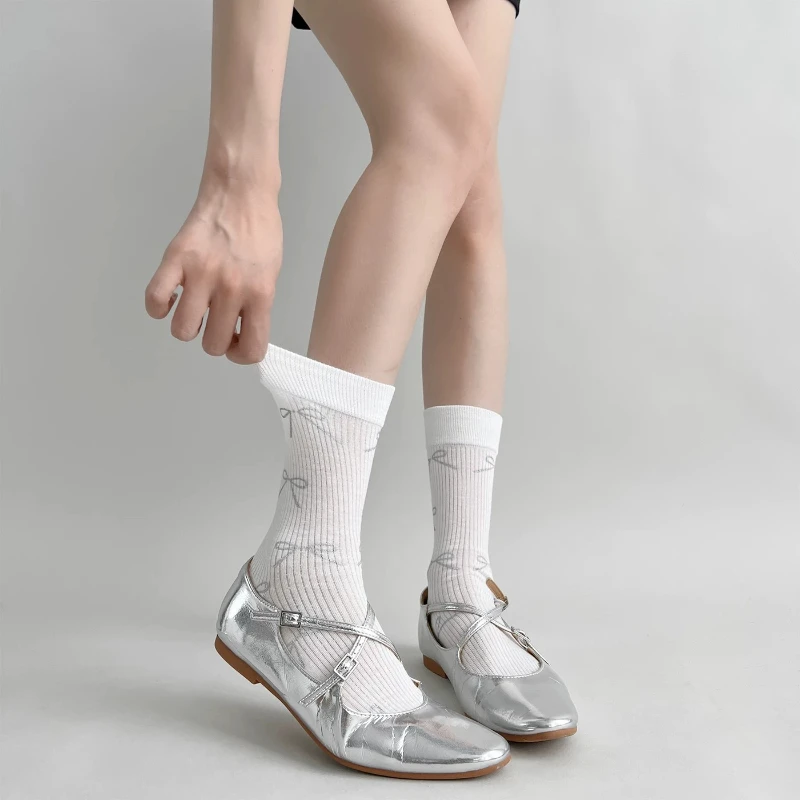 1/2Pairs Cute Bowknot Print Crew Socks Women Thin Ribbed Knit Breathable Korean Style Sweet Stacked Socks for Daily Casual Wear