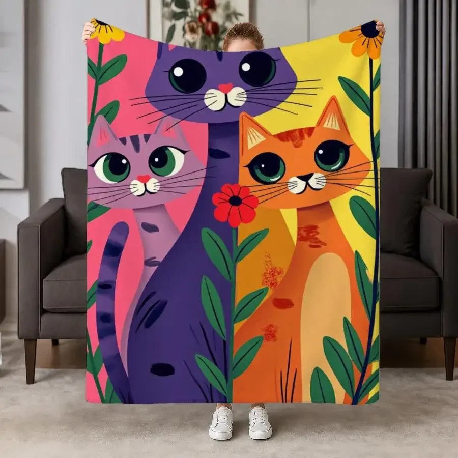 Weighted Blanket Suitable for - Cozy Throw - Soft Flannel Fleece with Stylized Purple & Orange Cat on Pink-Yellow Background