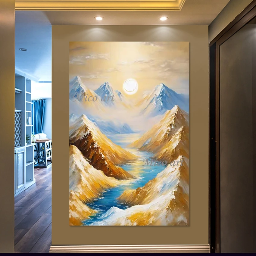 Fine Quality Mountain Rivers Oil Paintings Frameless Canvas Art Design Wall Mural 3D Sunrise Abstract Natural Landscape Picture