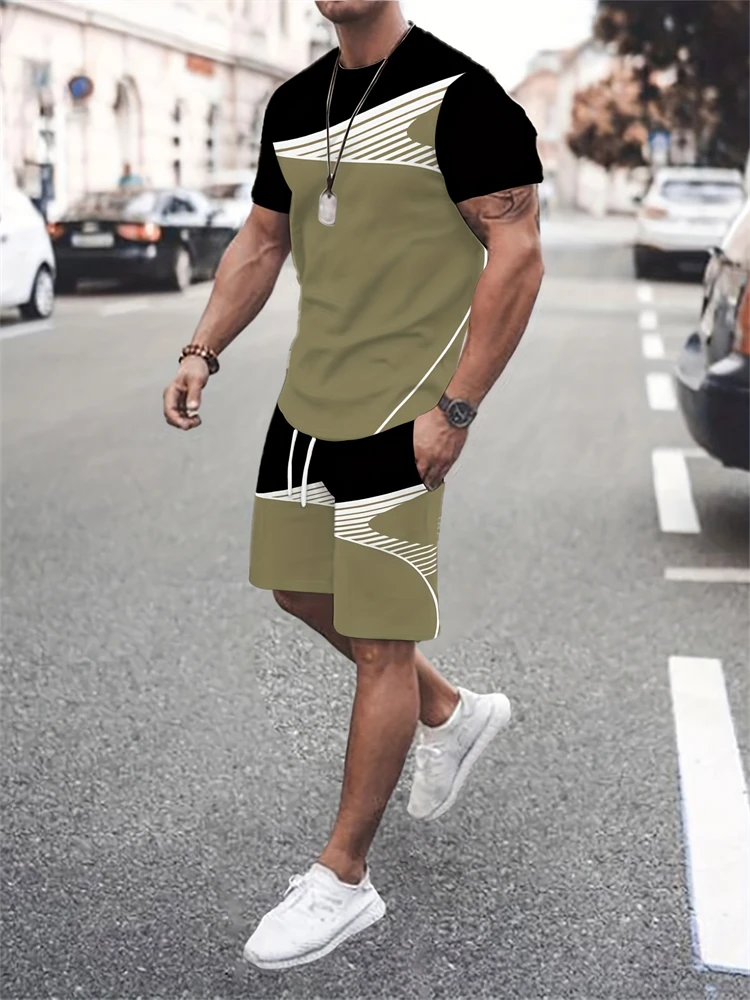 

2025 New Stitching Printed Men's Suit Summer Round Neck Short Sleeve Top And Casual Shorts Fashion Street Style Two-Piece Set
