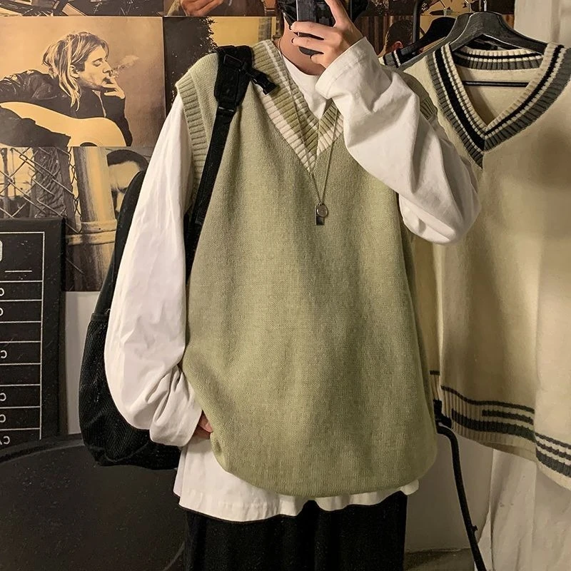 Pull à col en v pour hommes, gilet en tricot sans manches, léger, fin, coupe ample, élégant, couleur bloquée, vêtements d'extérieur Preppy, printemps automne