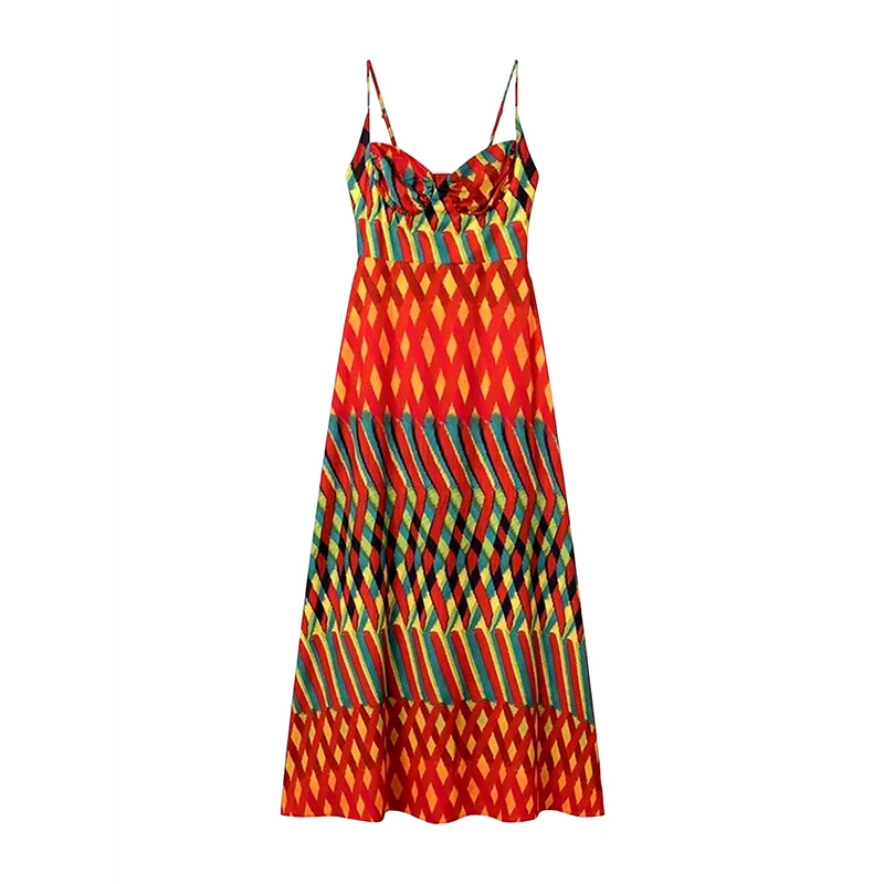 AOAO-Damska sukienka na ramiączkach bez rękawów z nadrukiem, dekolt w szpic, codzienne plisowane sukienki