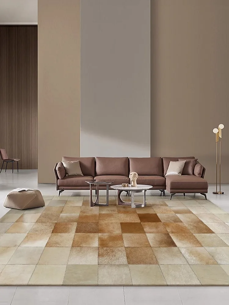 Modern Light Luxury Genuine Cowhide Carpet Living Room Handmade Patchwork Plaid Bedroom Rug Bedside Coffee Table Large Mat Home