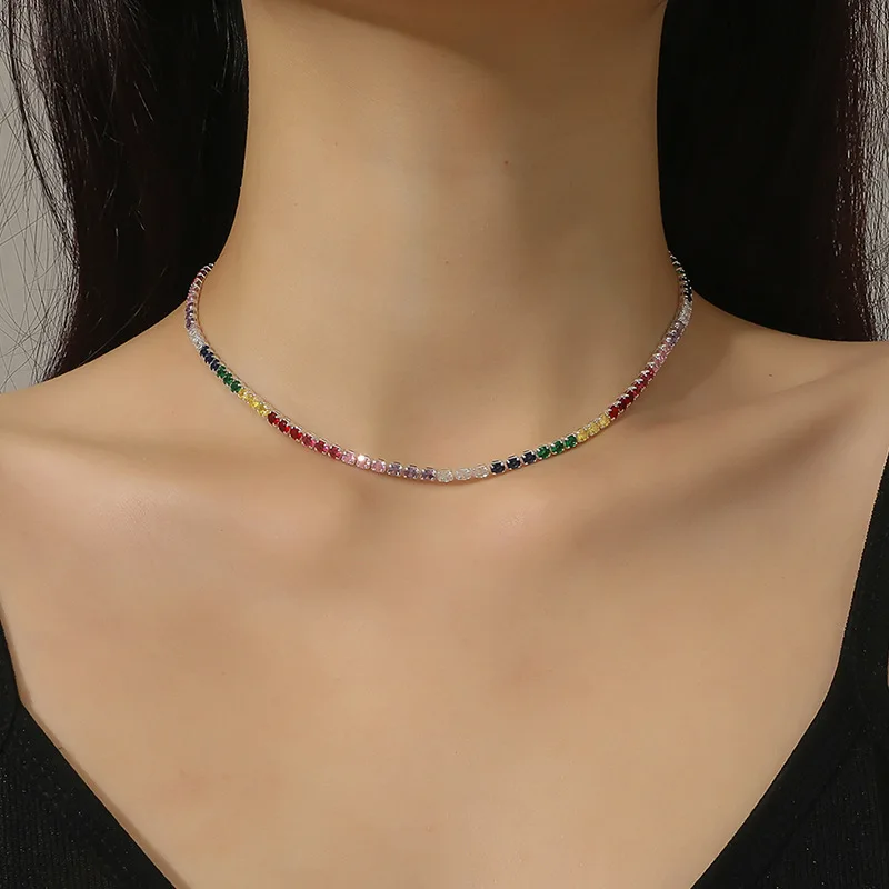 

YISON Fashion Exquisite Colourful Zircon Necklaces for Women Simple Clavicle Chain Formal Dress Accessories Gift Ornament