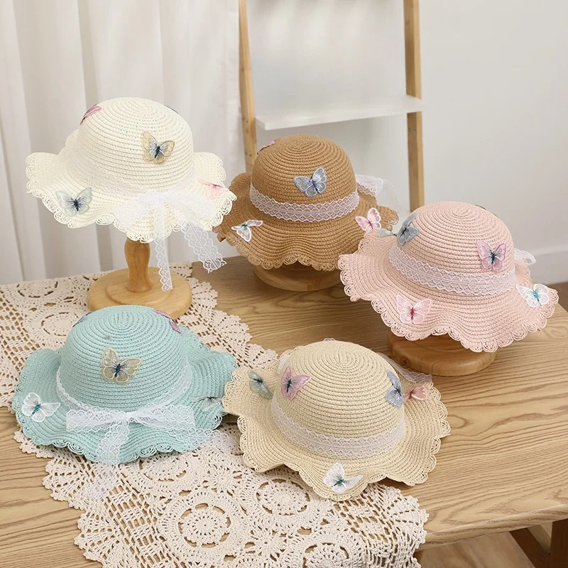 Cappello di paglia di pizzo ondulato per bambini estivi Farfalla colorata Cappello tessuto opzionale multicolore per ragazze Cappello da sole al