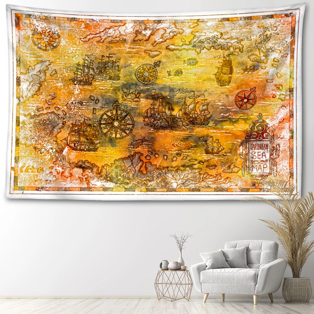 Cartoon antique map printed tapestry, mysterious style room bedroom study living room wall hanging art wall decoration