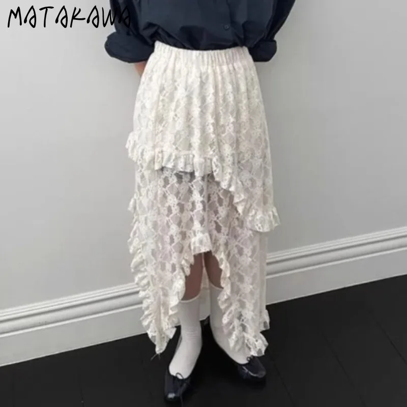 

Matakawa Irregular Lace Skirts Woman Ruffles Spring Autumn Vintage Solid Long Skirt Korean Fashion Elegant Chic Faldas Mujer