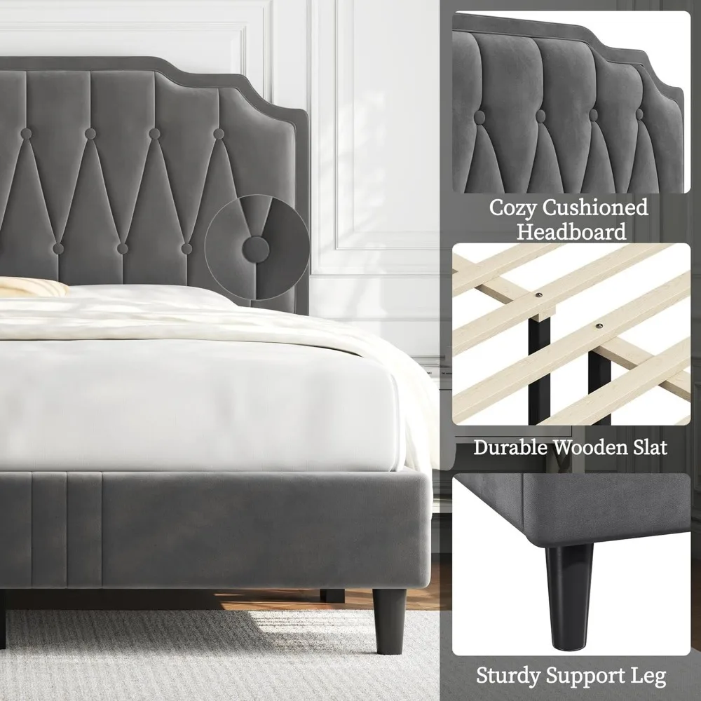 Cama con plataforma cubierta de terciopelo con cabecero curvo: estructura de cama de madera ajustable en altura y silenciosa