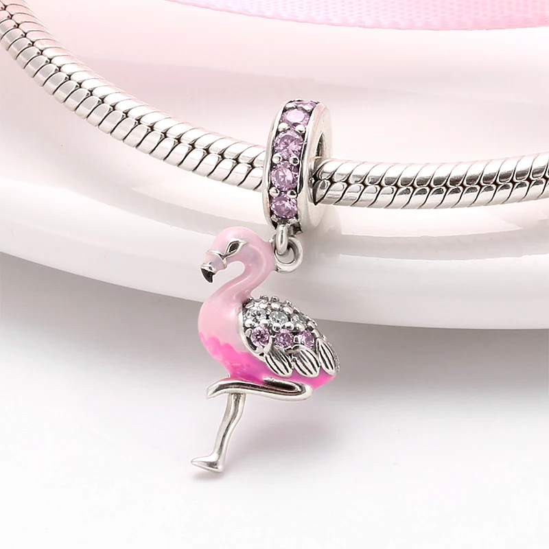 Hot 925 Sterling Silver Pink Sparkling CZ Flamingo Charms bead For jewelry making Pendants Fit Original Charm European Bracelets