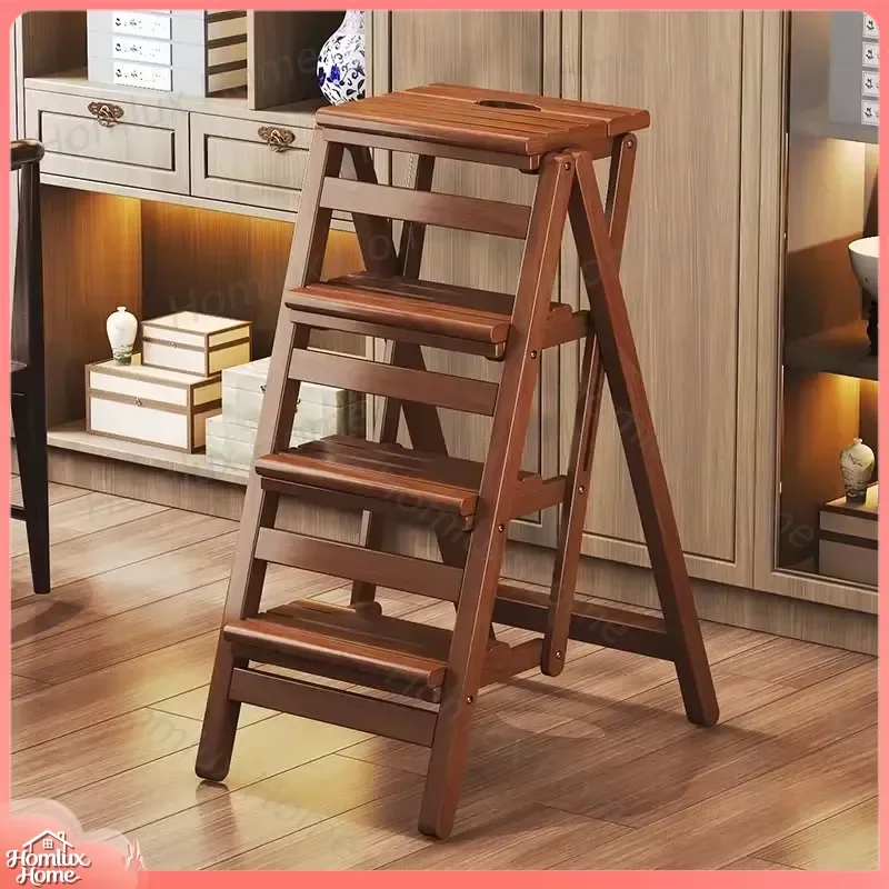 Multi Functional Bamboo Folding Ladder Chair 2 Step Kitchen Step Stool Space Saving Hat Rack Plant Shelf Storage Furniture