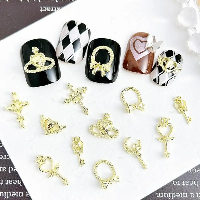 30PCS Minimalist Cross Heart Sceptre Nail Charms Alloy Luxury Gold Silver Key Crown Nail Art Decoration Accessories DIY Manicure