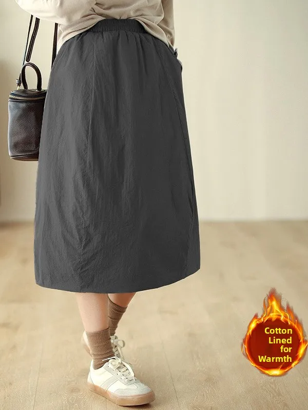 레트로 심플 코튼 안감 A라인 미디 스커트 플러스 사이즈 따뜻한 패셔너블 여성 의류 겨울 2025 신상 캐주얼 솔리드 컬러
