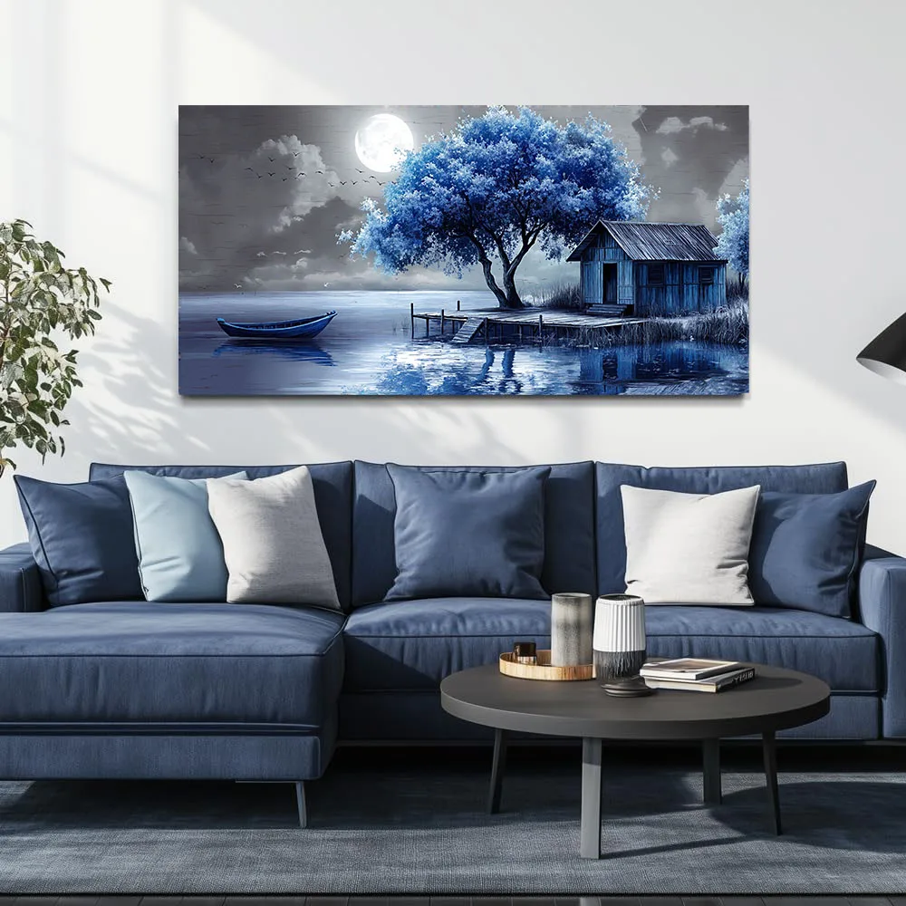 Modern Moon Bird Blue Tree Landscape Poster and Prints, Canvas Painting, Wall Art for Living Room, Home Decor, No Frame