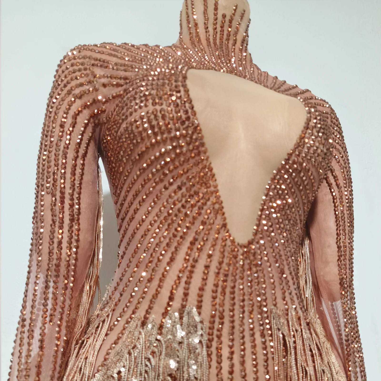 New Golden Rhinestones Sequins Tassels Long Sleeve Mesh See Through Bodycon Mid-calf Dress Birthday Fashion Celebrate Stage Wear