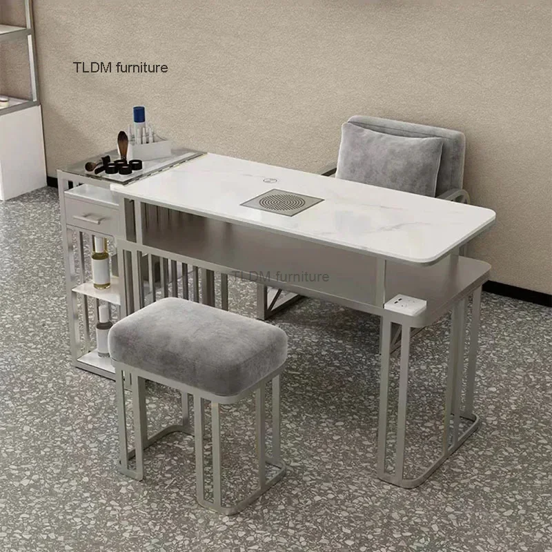 Light Luxury Silver Nail Tables Professional Salon Furniture for Beauty Salon Manicure Table and Chair Set with Vacuum Cleaner