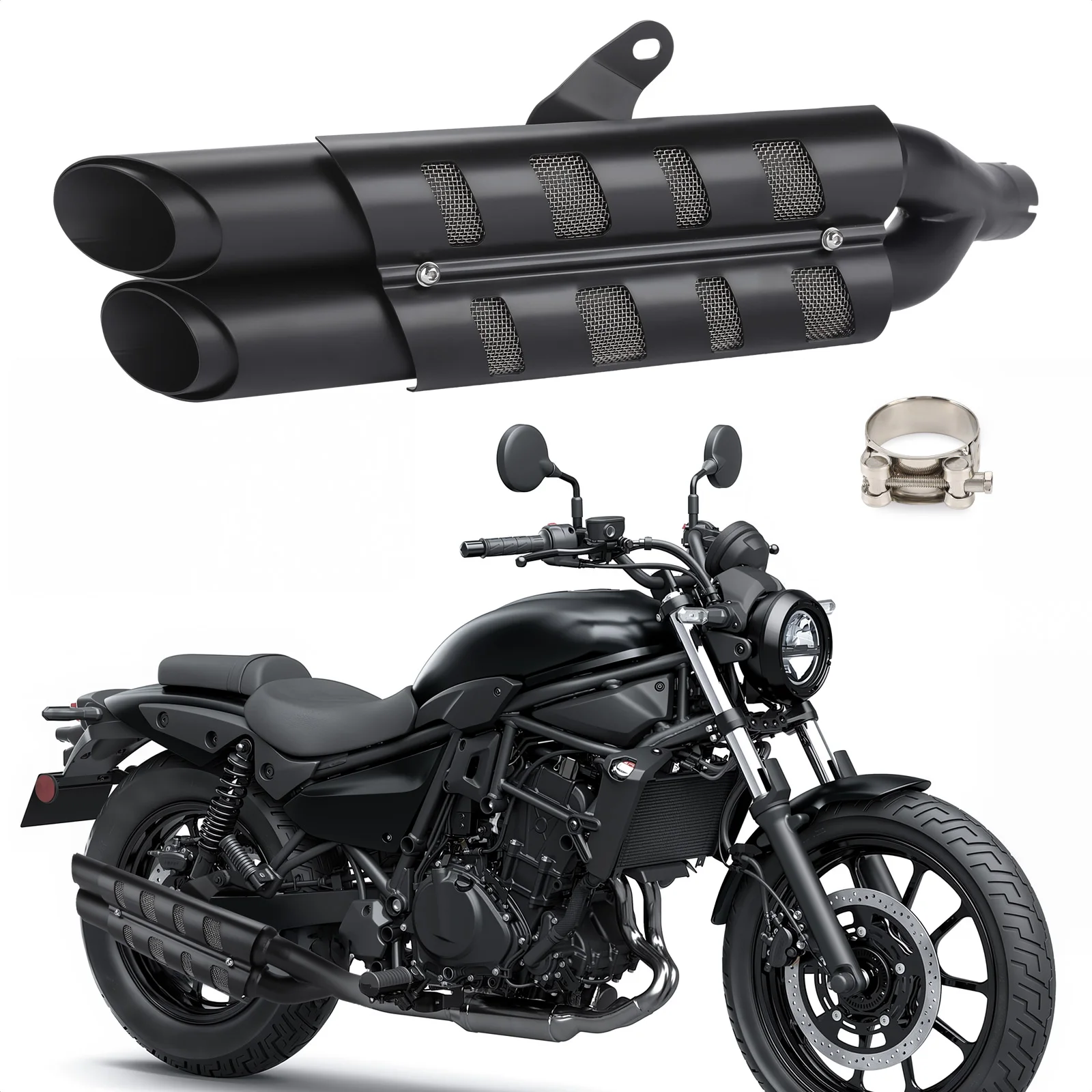Für Kawasaki Eliminator 450 500 2024-2025 Motorrad Auspuff Slip-on Schalldämpfer Rohr mit Hitzeschutzabdeckung Kit Schwarz