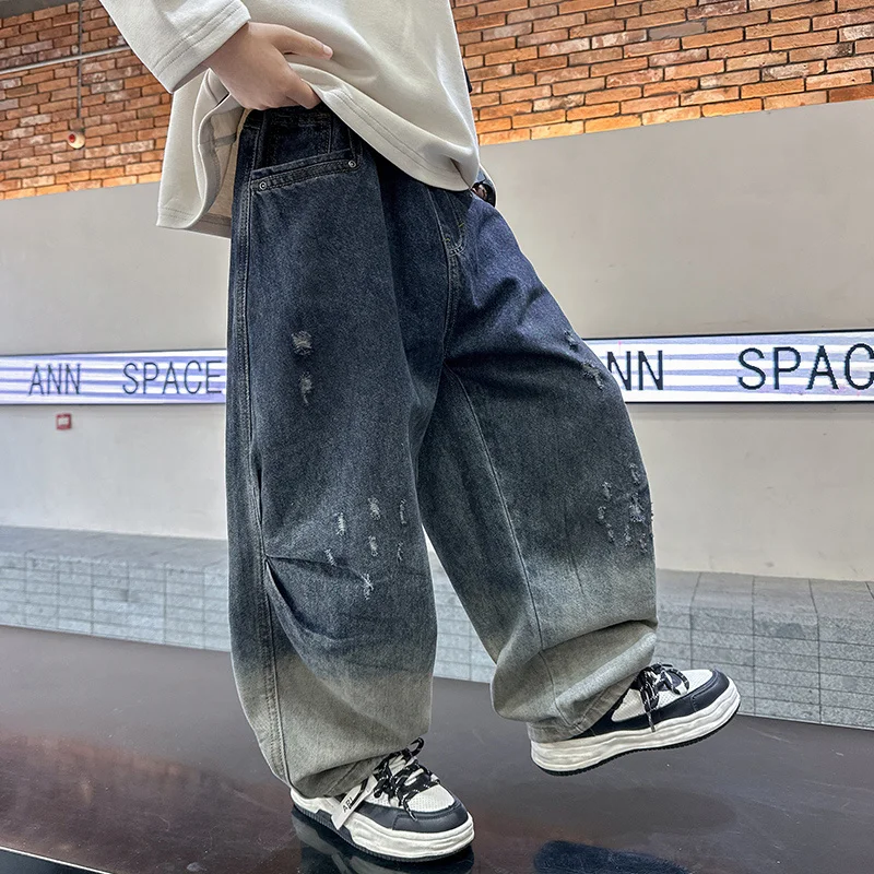 Vintage blauwe kinderen baggy jeans voor jongen losse stijl gradiënt brede denim broek kind casual elastische hoge taille gescheurde jeans broek