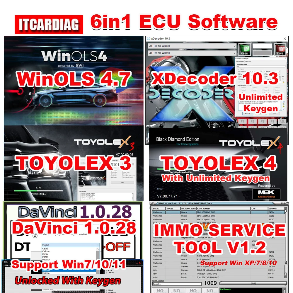 6 IN 1 ECU Software WinOLS 4.7 XDecoder 10.3 TOYOLEX3 TOYOLEX 4 DaVinci 1.0.28 IMMO SERVICE ​TOOL V1.2 Car Repair Software