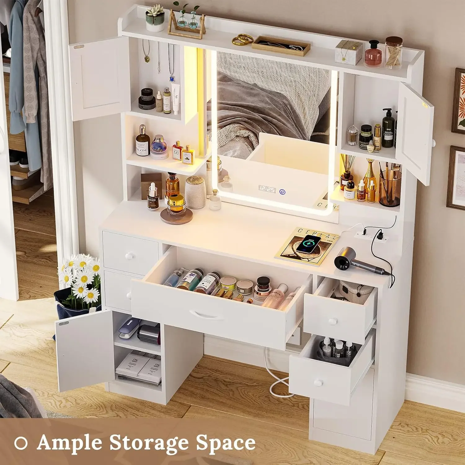 Large Vanity Desk with Mirror and Lights, Makeup Vanity with Lights and Charging Station, Vanity Table with Smart Mirror image 6