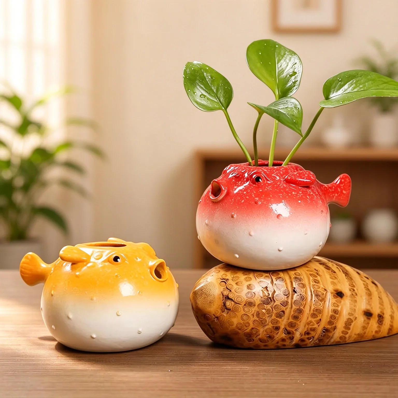 Ceramic Pufferfish Planter Cute Animal Fish Succulent Pot Hydroponic Vase Desk Decor for Home Office Living Room Indoor Outdoor