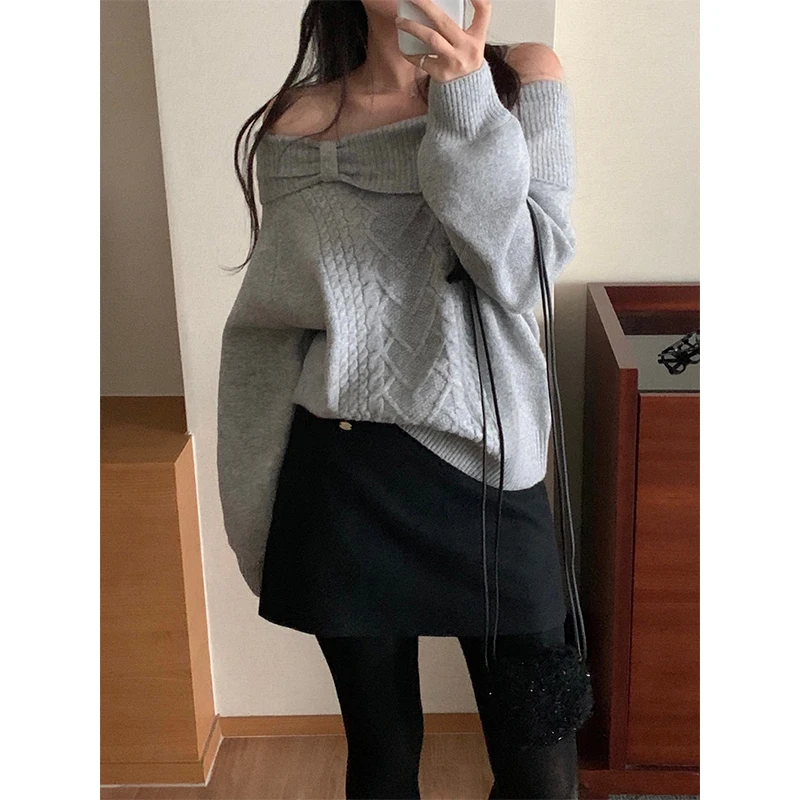 سترة نسائية وردية مكشوفة الكتفين موضة مثيرة مائل الرقبة بلوفرات محبوكة كورية حلوة تريكو شتوي كم طويل لاعبا جديد