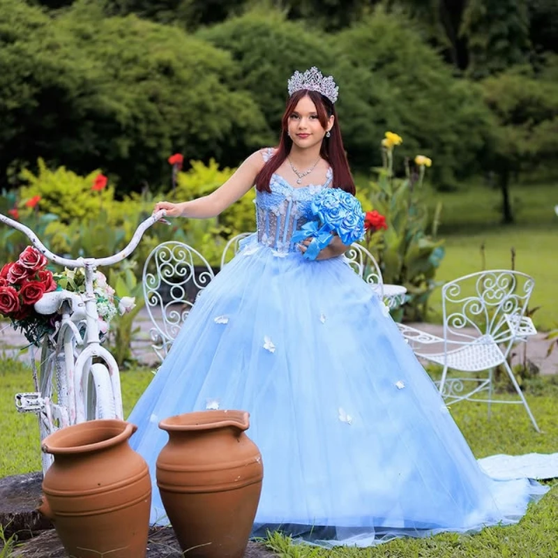 

Customized sky blue Quinceanera Dresses Off the Shoulder butterfly applique crystal Lace Bow Long tail Vestido 15 Quinceanera