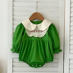 Infant Bodysuit Autumn Baby Girl Clothes Spring Cotton Puff Sleeve Princess Green Romper Embroidered Flowers Clothing Outfits