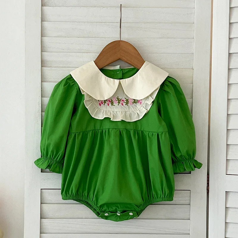 Infant Bodysuit Autumn Baby Girl Clothes Spring Cotton Puff Sleeve Princess Green Romper Embroidered Flowers Clothing Outfits