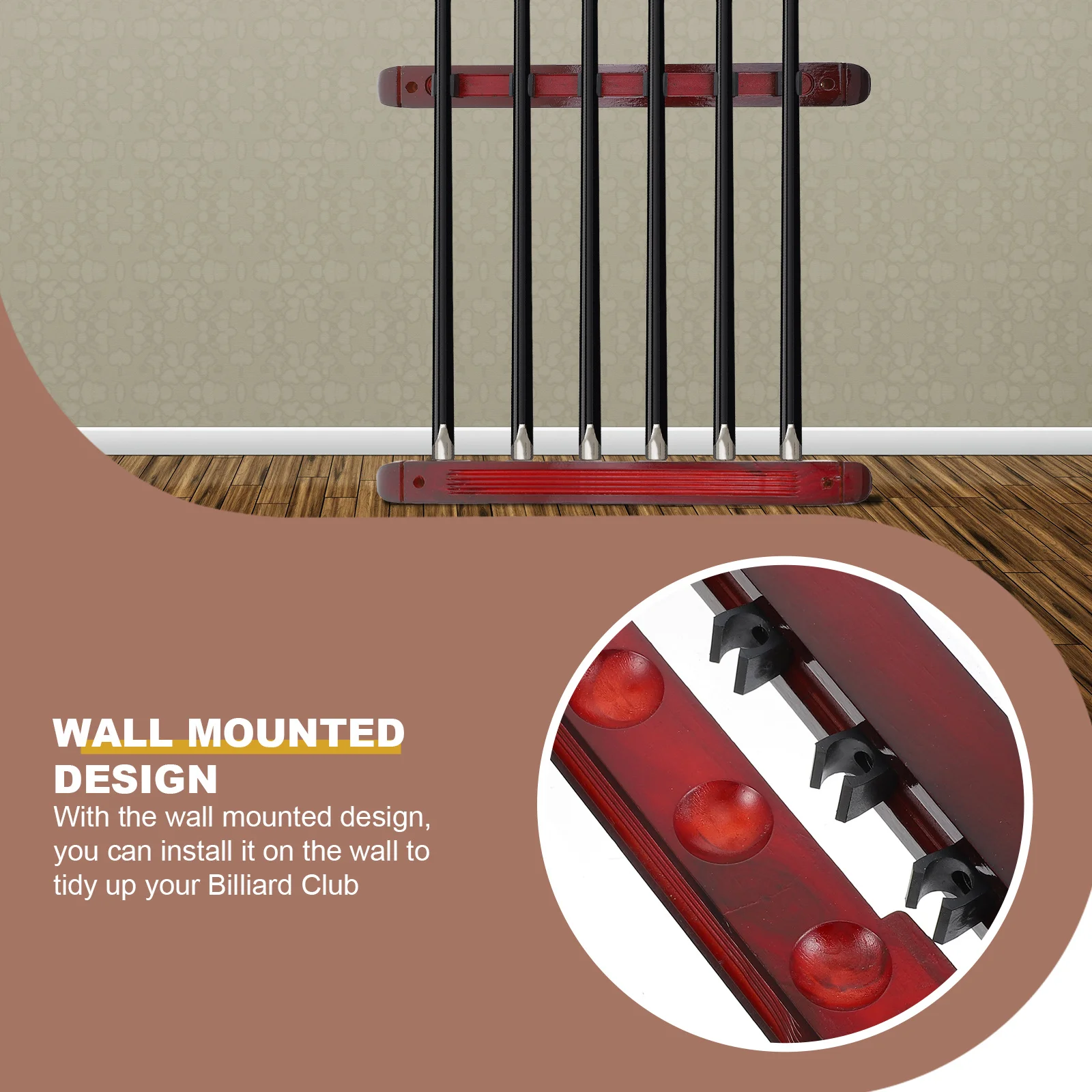 

1Set Wall-Mounted Cue Rack Six Holes Wood Cue Holder Pool Stick Displaying Stand Billiard Storage Pool Stick Holder