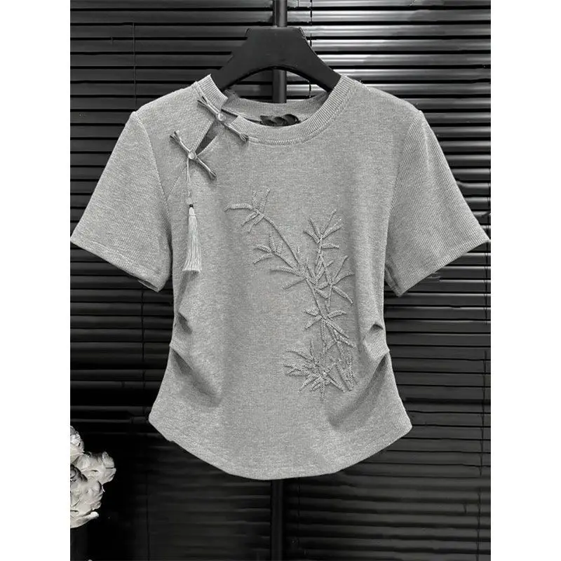 تي شيرت شيونغسام بياقة دائرية مطرز على الطراز الصيني الجديد لعام 2025 بأكمام قصيرة تي شيرت نسائي صيفي من القطن الخالص تشيباو للتخسيس #3