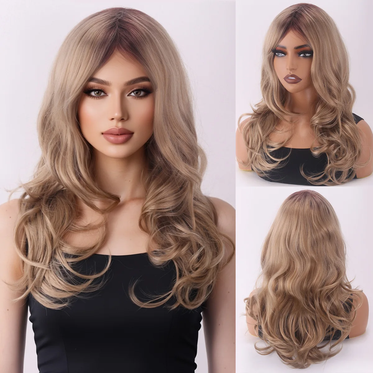 European and American Medium Wave Long Curly Hair Without Bangs, Daily Light Brown Curly Hair-Synthetic Fiber Wig