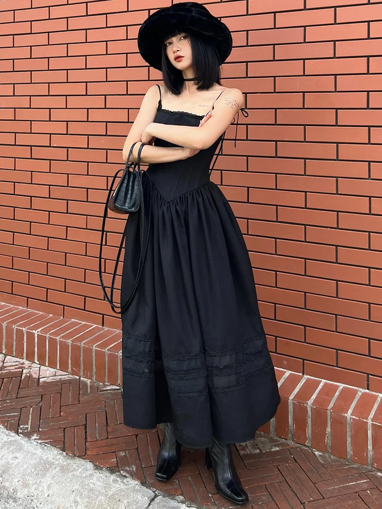 IAMSURE Casual Solid Lace Trim A-Line Long Dress Slim Slash Neck Sleeveless Maxi Dresses For Women 2023 Summer Fashion Ladies