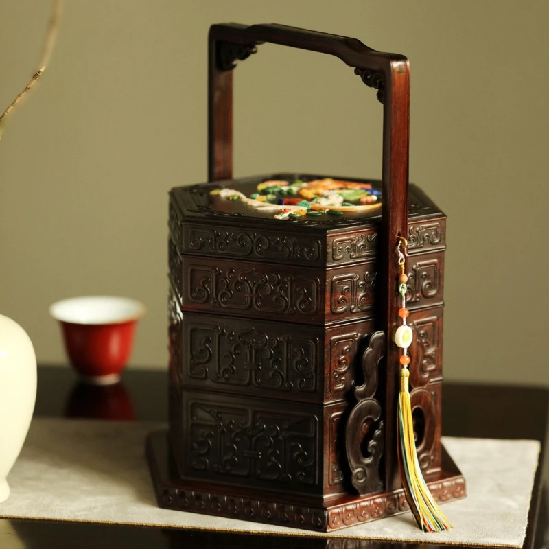 Siam Rosewood Baibao inlaid beam box, mahogany Dim sum storage, Chinese classic food, high-end club gift