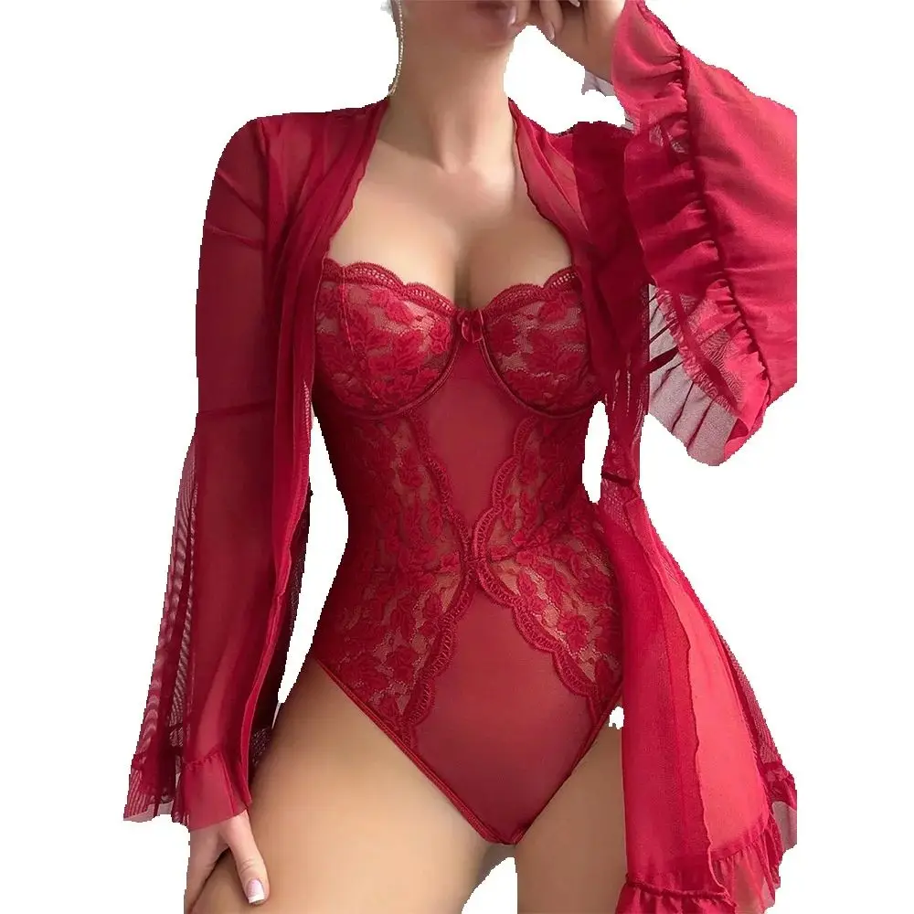 

Sexy Pajamas Nightgowns for Women Solid Color Long Sleeves Lace Up Lace Perspective Jumpsuit Shawl Two-piece Set New