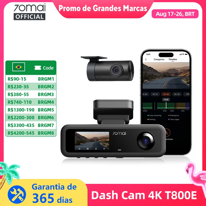Câmera Veicular 70mai T800E 4K HDR com 3 Canais, Abertura F1.55, Supercapacitor, Controle por Voz, GPS, DVR Automotivo, WiFi 6 5GHz