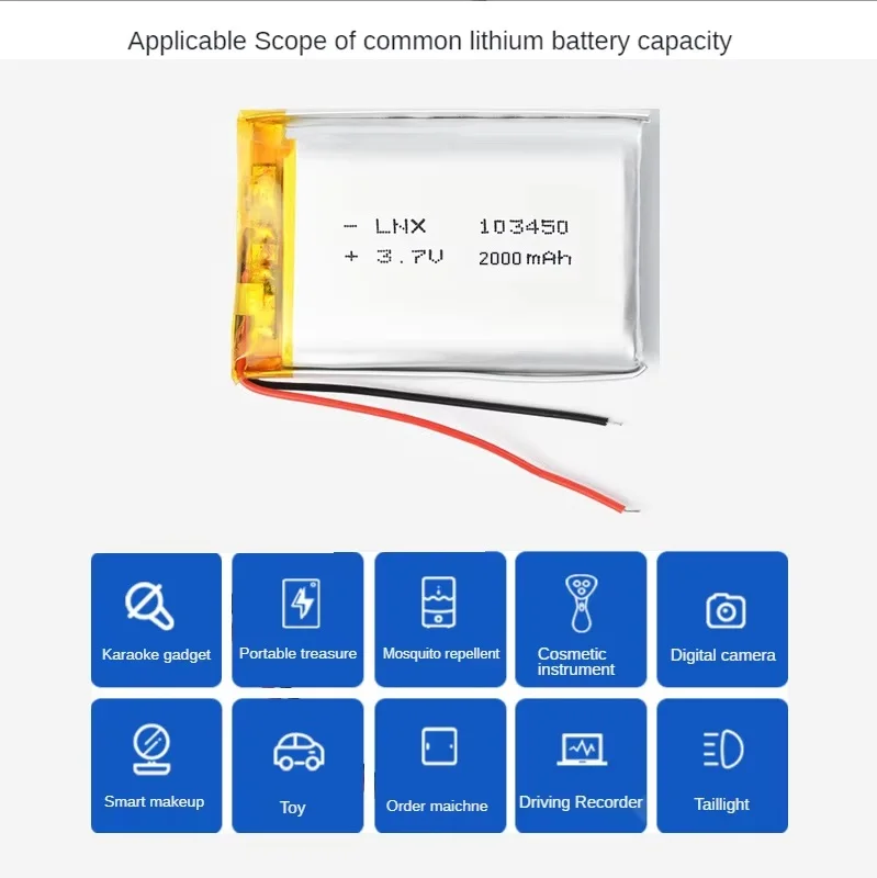 3.7V 103450 Batería recargable de polímero de litio de 2000 mah para MP5, juguetes, cámaras, GPS, Bluetooth, altavoces de alta capacidad