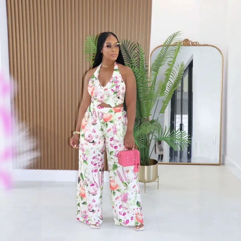 KEXU Women Floral Print Halter Vest Top & Wide Leg Pants Two Piece Outfit Set