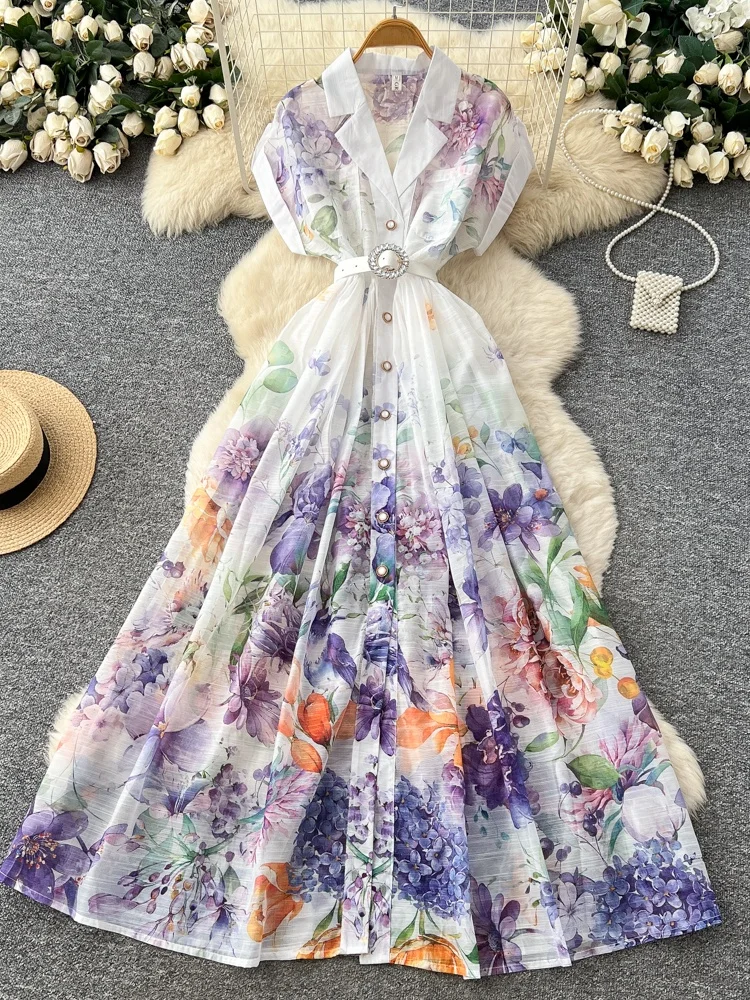Rustic Print Sleeveless High Waist Slim A-Line Long Dress Korean Style Summer Commute Dress Women's Fashionable Skirt