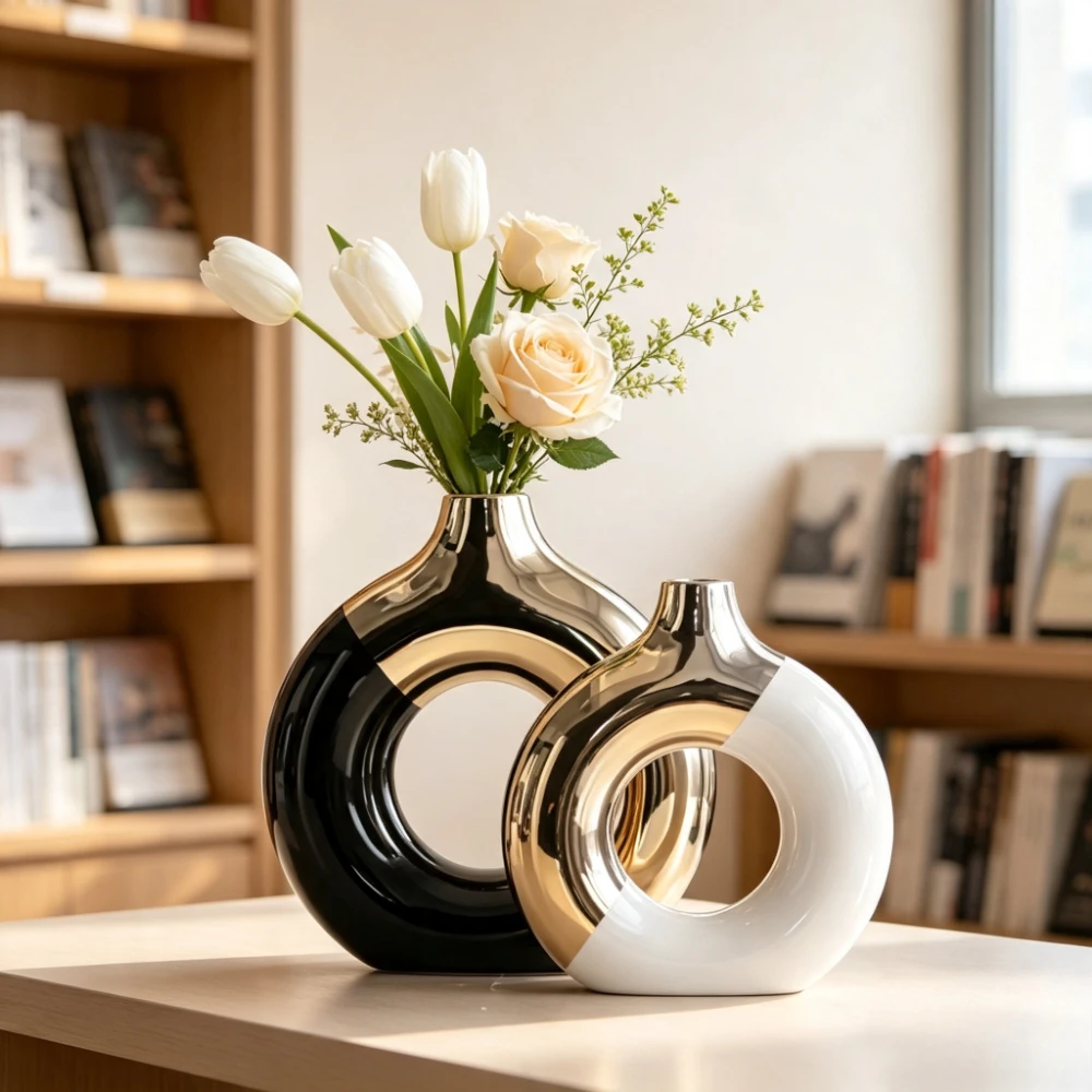 Modern Minimalist Ring Shape Ceramic Vase Hollow Circular Flower Arrangement Vase Nordic Style Home Living Room Table Decor