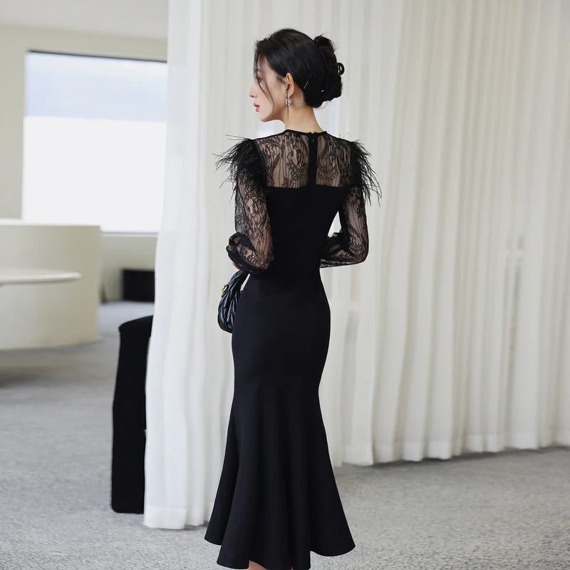 2024 New Spring Black Mermaid Long Dress Sexy Women scollo a V Lace Hollow Out Full Sleeve Patchwork Feather Bodycon Slim Vestidos