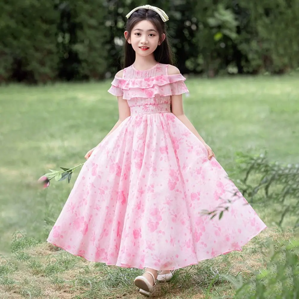 Elegant Loose Girls Chiffon Floral Dress Teenagers Pleated Summer Dresses Beach Vacation Party Children Princess Dress Beach