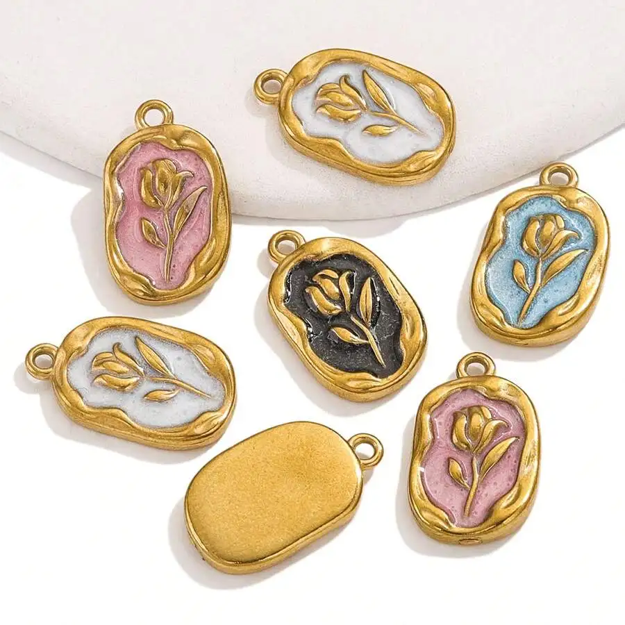 5pcs Gold Plated Stainless Steel Rose Enamel Charms for Jewelry Makings DIY Earrings Necklaces Jewellery Supplies Parts Bulk