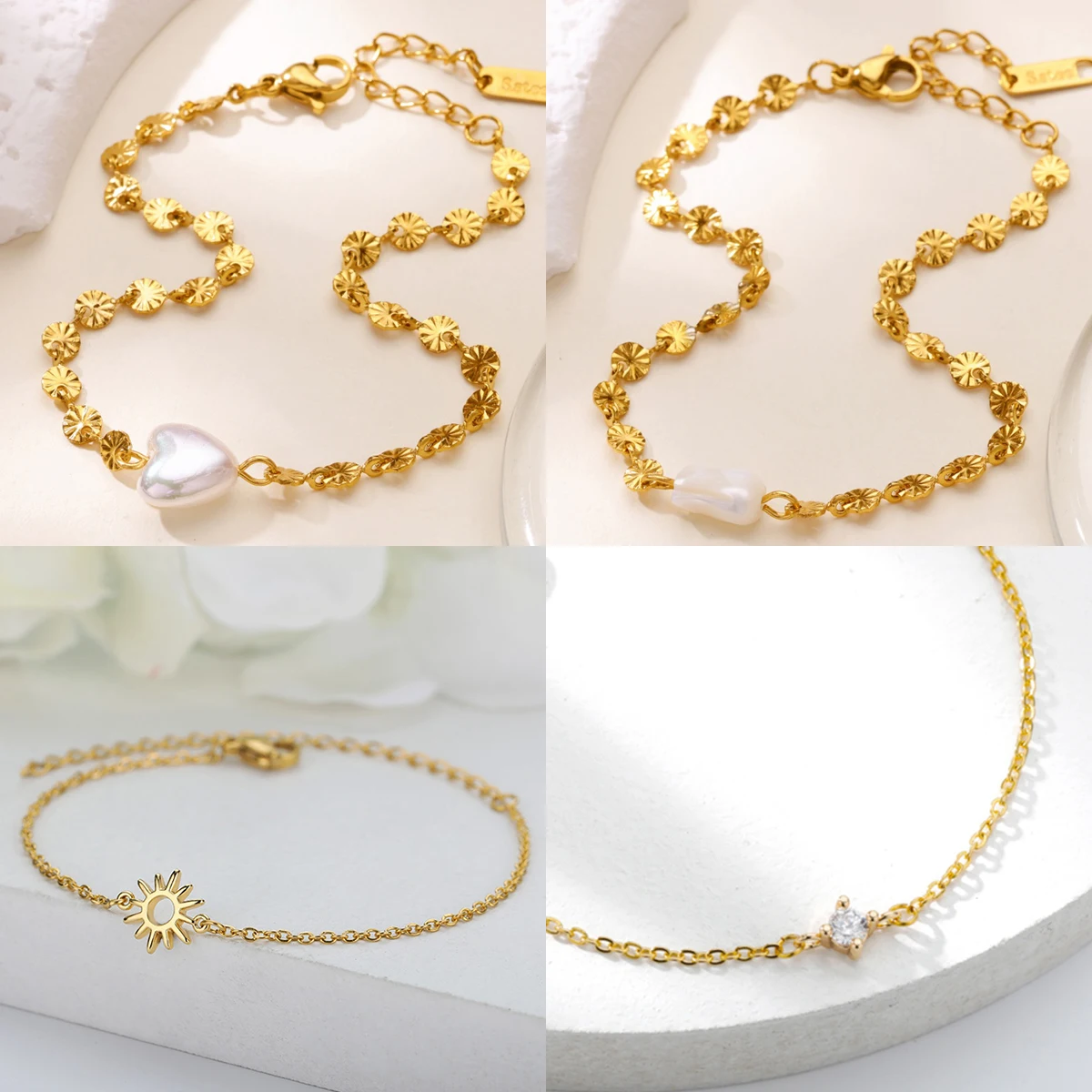

Vintage Imitation Pearl Heart Sun Bracelet For Women Stainless Steel Gold Color Bracelet New Fashion Summer Beach Jewelry Gift
