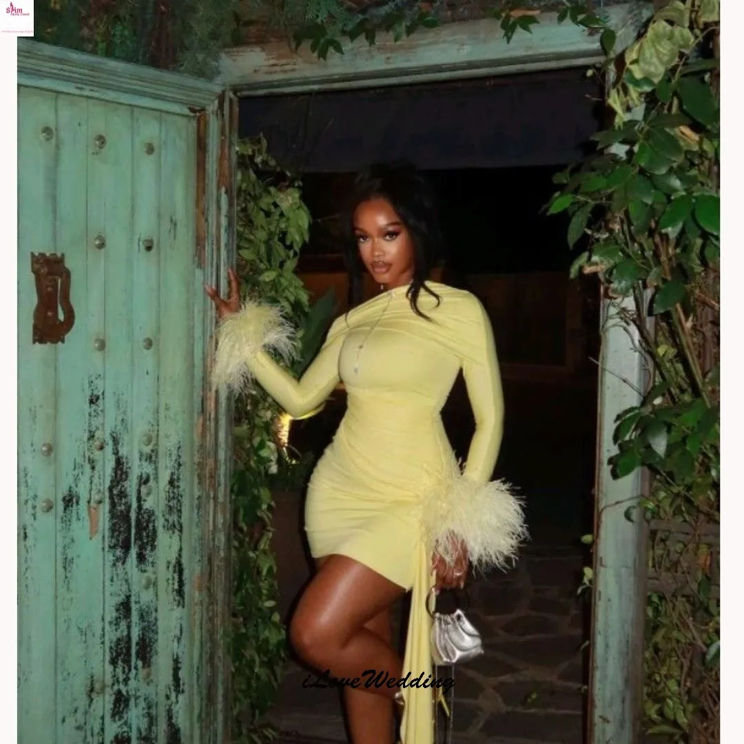 

Yellow Long Sleeve Short Prom Dresses 2025 Feathers Mini Length Homecoming Dresses Ribbons Wedding Women Guest Dress Customized