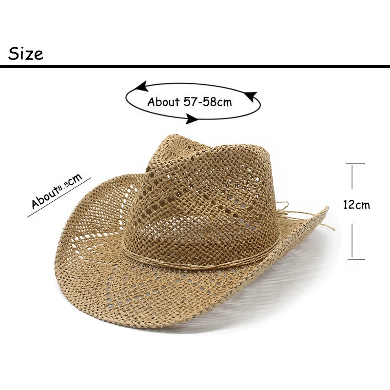 Summer Unisex Sun Hat Breathable Paper Straw with Open-Weave Design Curved Brim Perfect for Beach Size 57-58cm