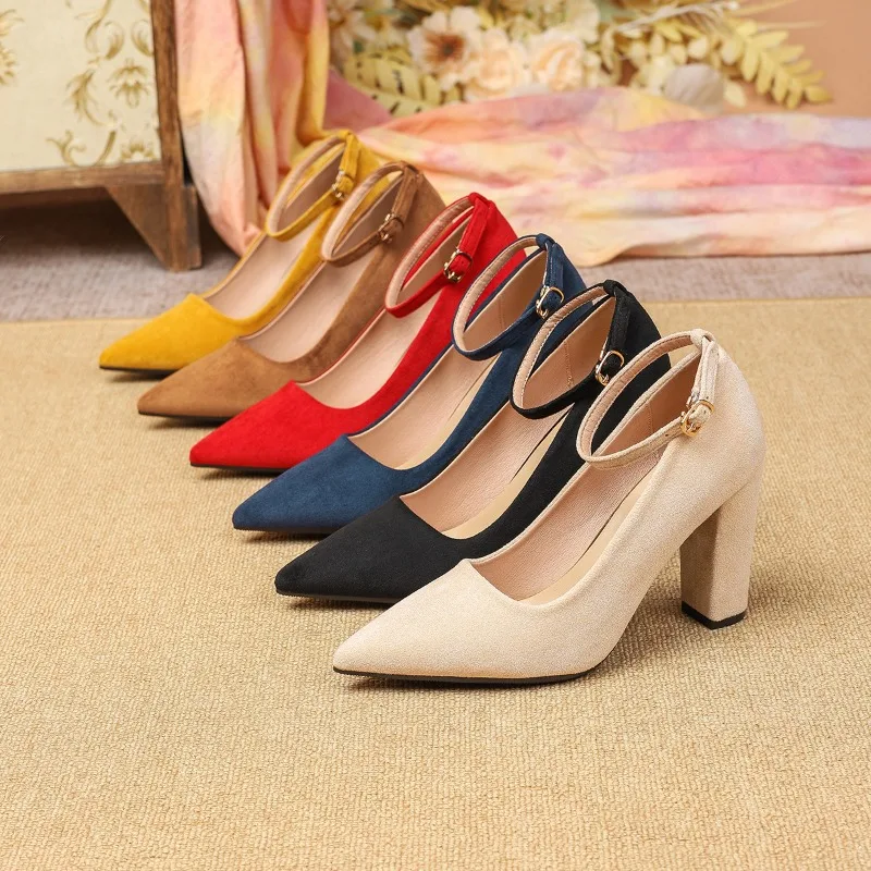 2026 Classics Fashion Summer Women High Heels Flock 9.5CM Square Heel Pointed Hollow Buckle Strap Single Shoes Women's Work Shoe